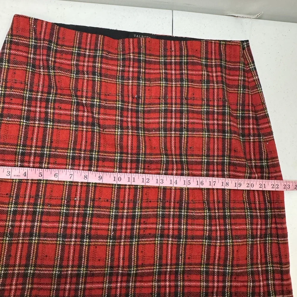 Talbots Tartan Plaid Wool Blend Skirt Women's Size 16 Petite Red Sequins Holiday